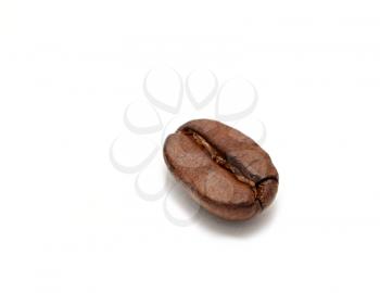 Macro of single coffee bean on white background with copy space on left.