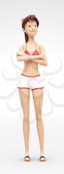 3D Rendered Animated Character in Casual Two-Piece Swimsuit Bikini, Isolated on White Spotlight Background
