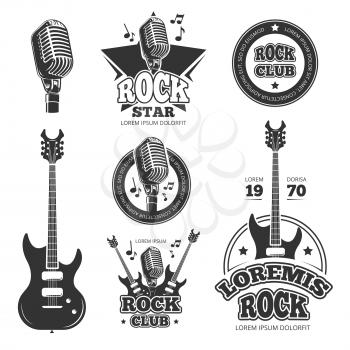 Vintage rock and roll music vector labels, emblems, badges, sticker with guitar and speaker silhouettes. Rock music emblem, retro vintage rock and roll label illustration