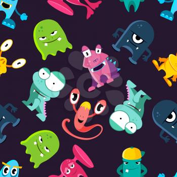 Ugly but cute funny monsters vector seamless pattern with alien monster, illustration of cute character monster