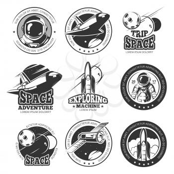Vintage space, astronautics, shuttle flight vector labels, logos, badges, emblems. Flight shuttle label, illustration of launch ship rocket