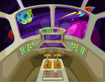 Cartoon spaceship cabin interior with windows into space with alien planets vector illustration. Interior of spaceship or rocket