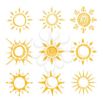 Funny doodle summer smile orange sun vector icons. Yellow hot sun, illustration of bright summer morning sun