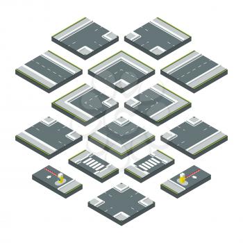 Isometric city elements road, grass and crossroads. Vector illustrations set isolate on white background. Elements parts of road, asphalt road section for design