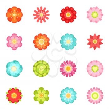 Flat style different flowers in garden. Summer vector icon set isolate on white background. Spring flower blossom, illustration of flower with color petals