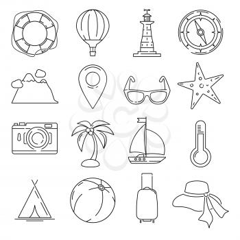 Outline summer or vacation vector icon set isolate on white background. Pool, sunset and leisure illustrations. Set of outline summer vacation icon, illustration of summer travel sea