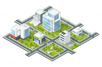 Isometric vector illustration of public constructions. Buildings and trees on 3d map fragment. Cartography picture. District template structure, model of public urban district with green park