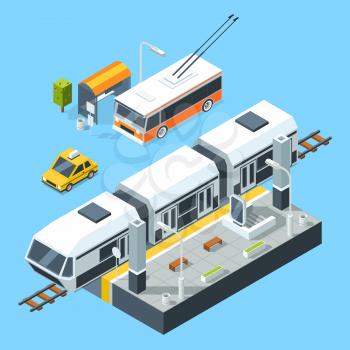 Isometric public transport stations. Bus and train. City road and rails. Vector illustrations isolate on white background. Transport for passengers train and taxi