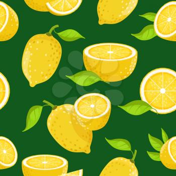 Lemon and different slices on dark background. Vector seamless pattern lemon with green leaves illustration