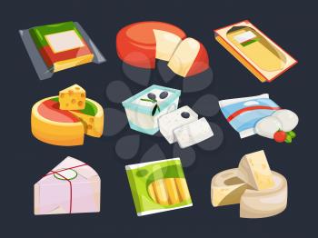 Different packaging of cheeses. Vector illustration set of variation cheese fresh