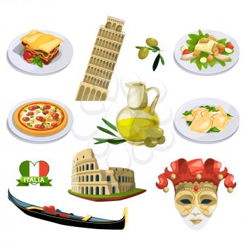 Different traditional elements and symbols of italy, venice. Travel vector illustrations in cartoon style. Italy travel and culture, italian traditional famous place
