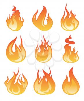 Cartoon flame set. Vector illustration of fire flaming. Energy hot fire collection, bonfire flame on white background