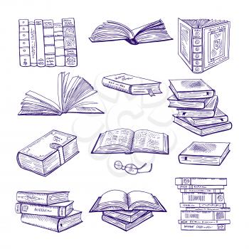 Set of different books. Hand drawn vector sketch. Doodle illustrations isolate on white. Book doodle sketch, literature for library and education