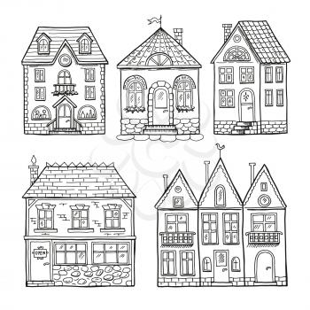 Funny doodle houses. Hand drawn vector illustration set. Architecture house sketch graphic, apartment building art