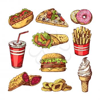 Fast food pictures. Burgers, cola sandwich hotdog and french fries. Hand drawn color vector illustrations. Burger fast food, sandwich and pizza fastfood