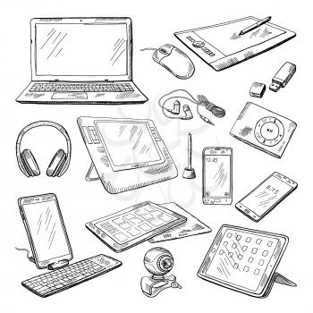 Different computer gadgets. Doodle vector illustrations isolate on white. Gadget sketch drawing, electronic laptop and video camera