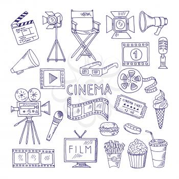 Cinematography doodle set. Video movie entertainment icons. Video cinema multimedia, movie film illustration