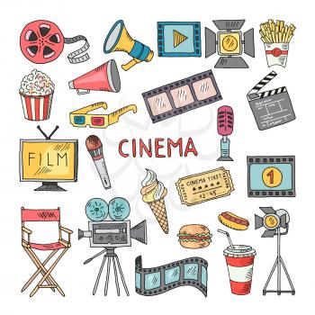 Movie entertainment vector icon set. Pictures in hand drawn style. Tv and cinema color hand drawn equipment illustration