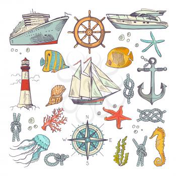 Marine coloring doodle set with different nautical elements, compass and lighthouse. Underwater animals vector set. Nautical sailboat and node of rope illustration