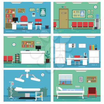 Illustrations of empty medical offices. Different rooms in hospital. Vector pictures set. Medical room with equipment, interior of reception room