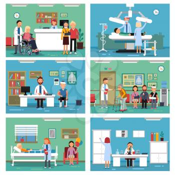 Medical personnel at work. Nurse doctor and patients in hospital interiors. Vector illustration. Interior of medical hospital, clinic room with patient and doctor