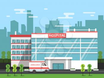 Health center, exterior of hospital building. Ambulance vector illustration. Clinic exterior, medical architecture hospital
