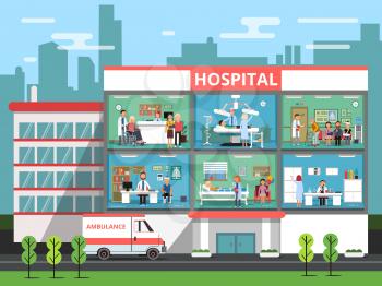 Hospital rooms with medical personnels, doctors and patients. Clinic building vector illustrations. Interior of clinical or hospital, medical reception office department clinic