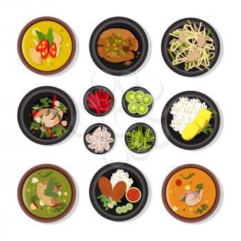 Vector illustrations of thai food. Vector icons pack isolate on white. Thai cuisine restaurant, collection of traditional thailand menu