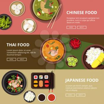 Three horizontal banners with thai, japanese and chinese food. Vector illustrations with place for your text. Design banner for asian restaurant