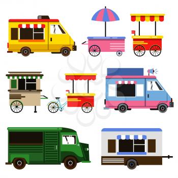 Set of food trucks and bicycles for commercial use. Vector illustration set. Truck transport delivery food
