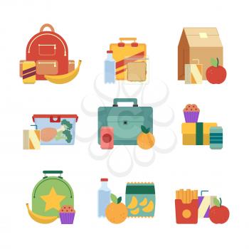 Healthy lunch in plastic box. Lunchbox for kids. Vector illustration set isolate on white background. Lunch box with drink and sandwich