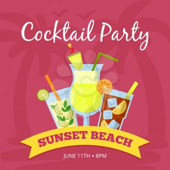 Party background illustration with different cocktails set. Vector poster. Drink tropical cocktail banner, sunset beach with fresh beverage