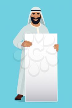 Empty white banner in hands of arabic businessman. Vector mascot design. Businessman arab character hold white banner illustration