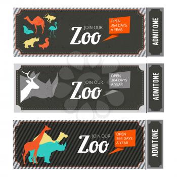 Design template of zoo tickets with different wild animals on it and place for your text. Zoo tickets template, vector illustration