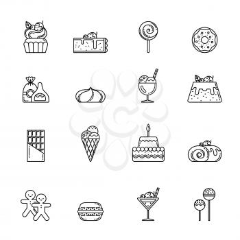 Desert vector icon set. Cupcake, sweets and other baking foods. Outline illustrations isolate on white background. Sweet food cupcake with cream, bakery ans sweet cake linear