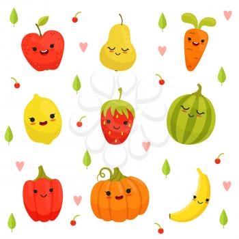 Vector mascot design of cartoon fruits and vegetables. Colored fruit and vegetable characters, happy vitamins drawing fruits illustration