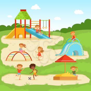 Funny children at summer playground. Kids playing in park. Vector illustration. Cartoon playground in park with happy children