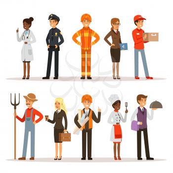 People group in different professions. Fireman, doctor and teacher. Builder, policeman and courier. Vector characters profession worker and secretary illustration