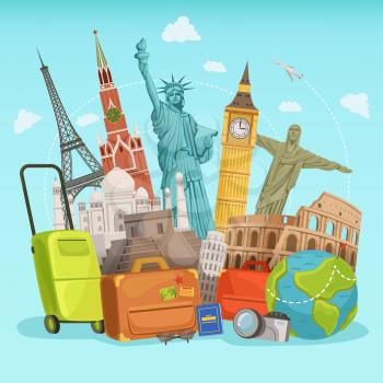 Travel poster design with different world landmarks. Vector illustration. World landmark famous