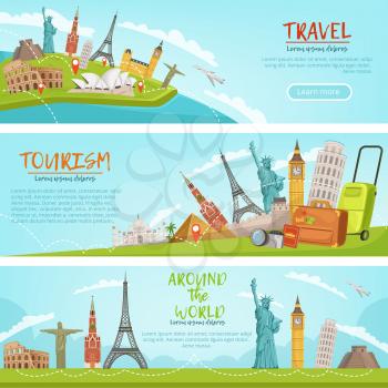 Vector design of three horizontal banners of travel illustrations and world landmarks. Pictures with place for your text. Landmark world on travel banner