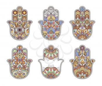 Thailand ethnic hand drawn hamsa hands. Vector ornaments. Set of indian ornament, illustration of symbol ethnic indian