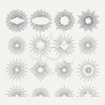 Sunburst illustrations set. Circle shapes design elements. Vector pictures. Linear radial vintage sunburst, set of drawing starburst