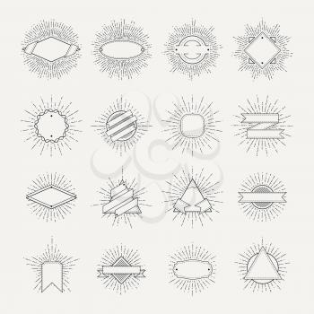 Stamp and badges collection. Different shapes and sunburst frames. Vintage monochrome banners and vector ribbons. Frame badge with sunburst and ribbon illustration