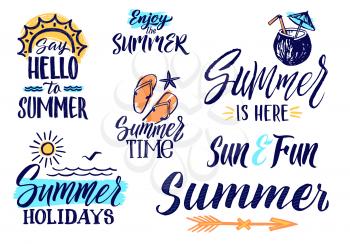 Vector text letters for summer time. Handwriting illustrations of words. Lettering text hello summer drawing