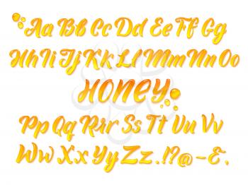 Liquid honeyed latin alphabet with gold splashes. Hand writing yellow letters vector set. Alphabet honey liquid, illustration of text typeface