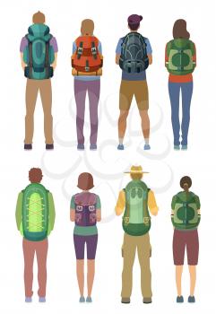 Man and woman standing with backpack outdoor. Vector pictures in cartoon style. People with backpacks for outdoor rest illustration