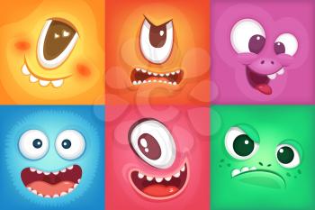 Monster cartoon faces. Demon smiles and big crazy mouth. Vector monster funny, illustration of color demon halloween