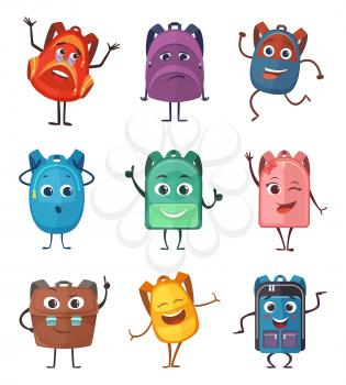 Schoolbags characters with different emotions. Vector illustrations. Set of colored school backpack with face, leg and hand