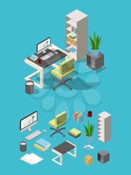 Isometric office workspace with different furniture and elements. Table, chair and computer, lamp and flowers. Business office furniture for workplace, vector illustration
