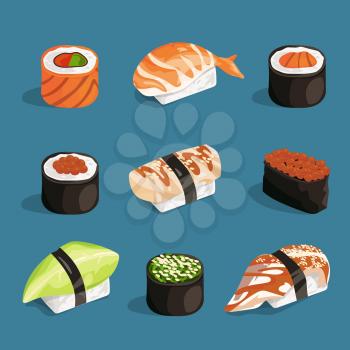 Set of classical asian food. White rice, sushi, salmon nori and different rolls. Vector pictures in cartoon style asian food roll sashimi, unagi and nori japanese illustration